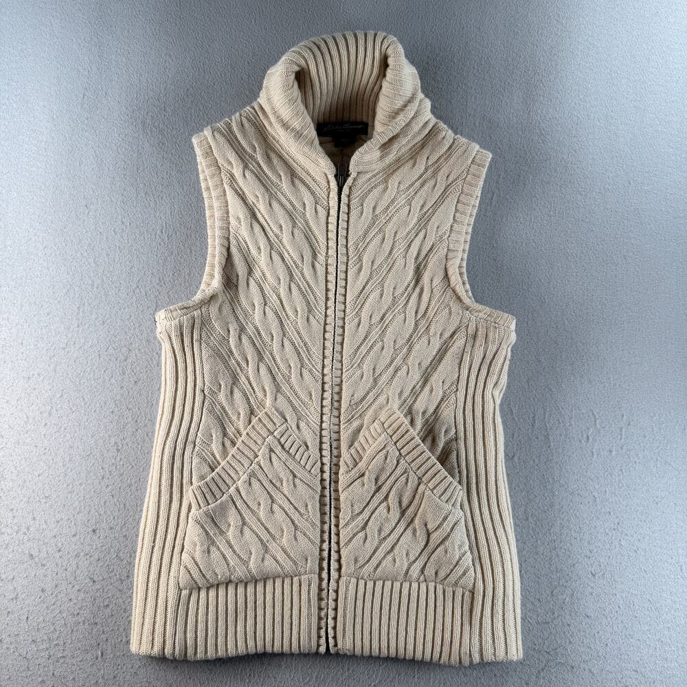 Eddie Bauer Women's S Wool Blend Cable Knit Insulated Full Zip Vest Cream